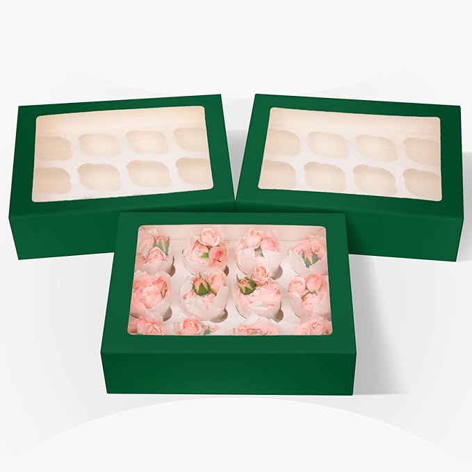 12 Cupcake Containers 10-Packs Forest Green Cupcake Box Cupcakes Carrier, 12 Cupcake Boxes with Window 13"x10"x3.5"（Auto-pop up）
