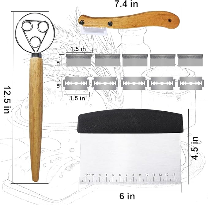 Bread Making Tool Set,Dough Scraper and Bread Scoring Tool for Making Beautiful Bread Tools-Dough Whisk,Dough Scrapers, Bread Lame with 10 Blades Included Replacement (Black)