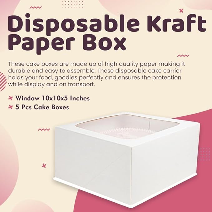 JBR & JM 5-Pack White Cake Boxes with Window - 10x10x5 Inches, Disposable Bakery Box for Cakes, Pastries, Desserts, Cookies - Square Cake Containers for Birthday Parties and Weddings