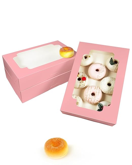 qiqee Auto-pop up Pink Cookie Box with Window 12x8x2.5 inch 18 Packs Two Uses One Second Folding Pastry Biscuit Bakery Box for Packaging