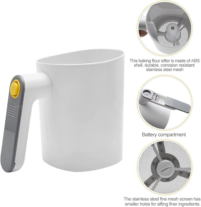 Electric Flour Sifter, Handheld Battery Operated Stainless Steel Mesh Shaker, Cup Shape Powder Shaker Strainer Kitchen Cooking Baking Pastry Tools 4 Cup/1L Capacity(White)
