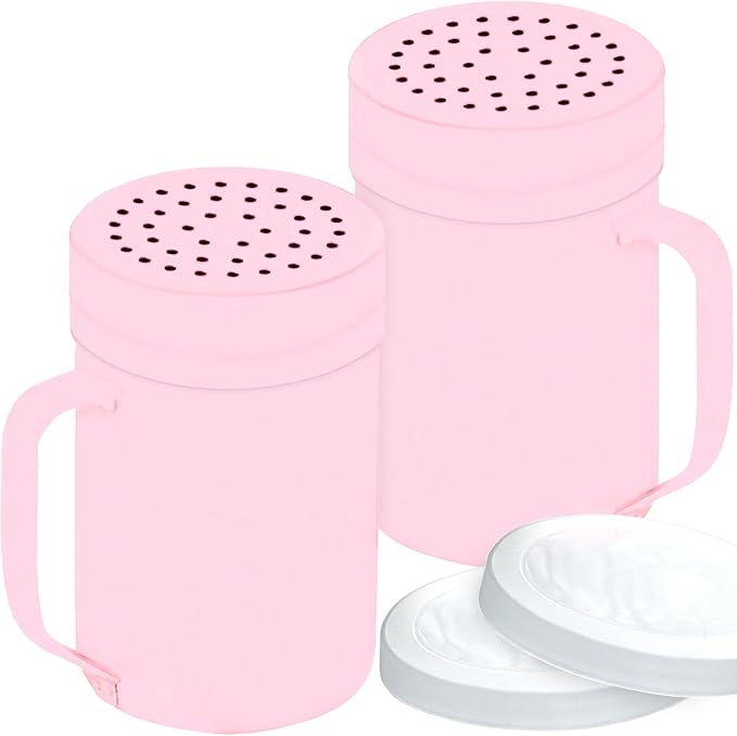 CUSINIUM 14oz Pink Stainless Steel Salt Pepper Dredge Shakers - With Plastic Cap - With Handle - Pack of 2