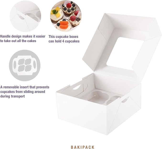 25 White Cupcake Boxes, 4 Count Cupcake Containers with Window and Inserts, 6.3×6.3×3 Inches Cupcake Holders for Cupcakes, Muffins, Cookies, Desserts, Pastries