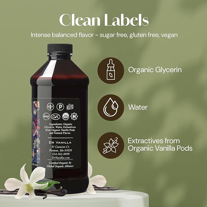 Organic Alcohol-Free Natural Vanilla for Baking, Sweet Drinks and More, Handcrafted from Madagascar Bourbon Vanilla Pods, Halal Certified, 16 Oz Bottle