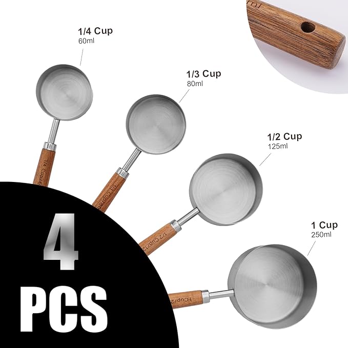 SHIKORI Gold Measuring Cups and Spoons Set with Wood Handles, Premium Stainless Steel Measuring Spoons and Measuring Cups Set, For Cooking and Baking in the Kitchen-Silver-4Cups