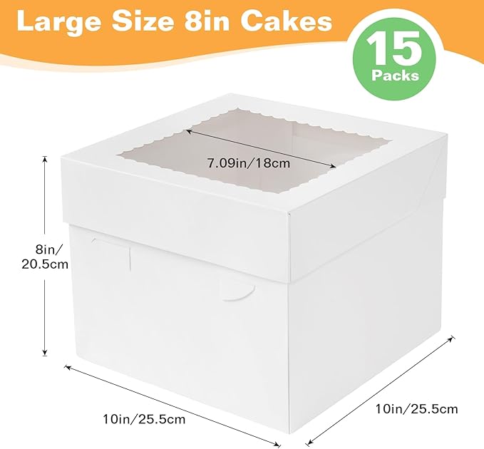 15pcs Cake Boxes,10 * 10 * 8 Inch White Bakery Box with Window for Cake, Cupcakes, Donuts, Cookies, Pie to Use on Birthday Party, Wedding,Tall Dessert Cardboard Boxes