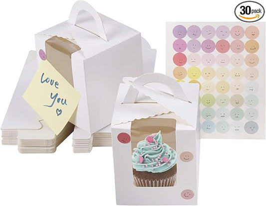 30 Pcs Individual Cupcake Boxes White Single Cupcake Boxes 1 Hole Cake Box with Clear Window Inserts and 2 Sheets of Stickers for Wedding Birthday Party Favors
