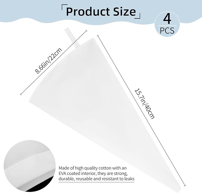 4 Pack 16 Inch Reusable Piping Bags, Cotton Cloth Pastry Bags with Plastic Coating, Professional Tipless Icing Bags for Cake Decorating Cupcakes Cookies Desserts and Baking Supplies