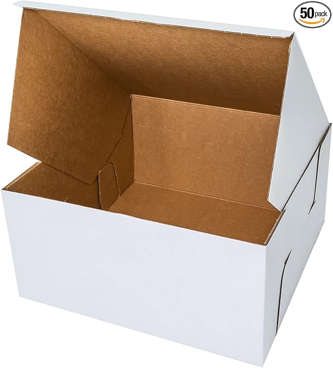 10x10x5 inches Corrugated Heavy-Duty White/Brown Sturdy Kraft Cake Boxes (50-Pack)
