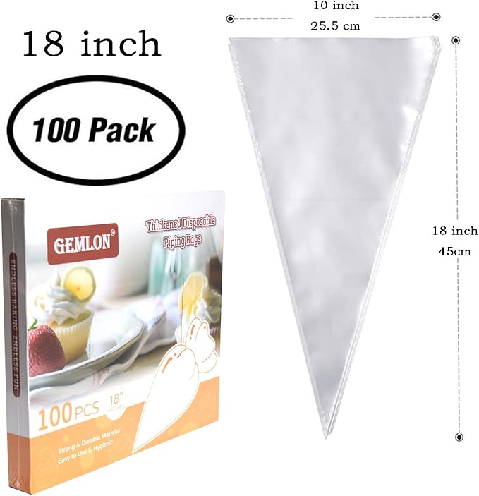 GEMLON 18 Inch Disposable Piping Bags – 100Pcs Heavy Duty Pastry Bags with Pull-Out Dispenser Box, Durable Plastic Frosting Icing Bags, Extra-Large Cake Decorating Bags for Cookies, Cupcake, Chocolate