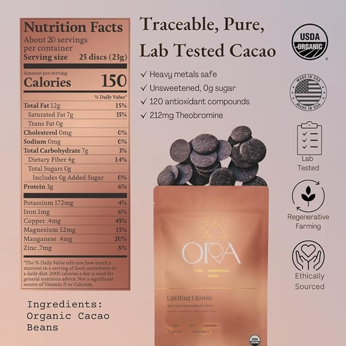 ORA Ceremonial Cacao - Uplifting Uganda - Organic 100% Cacao - Ethical - Regenerative - High Flavanol - Coffee Alternative - Better Energy - Heavy Metals Tested - Unsweetened - 16oz