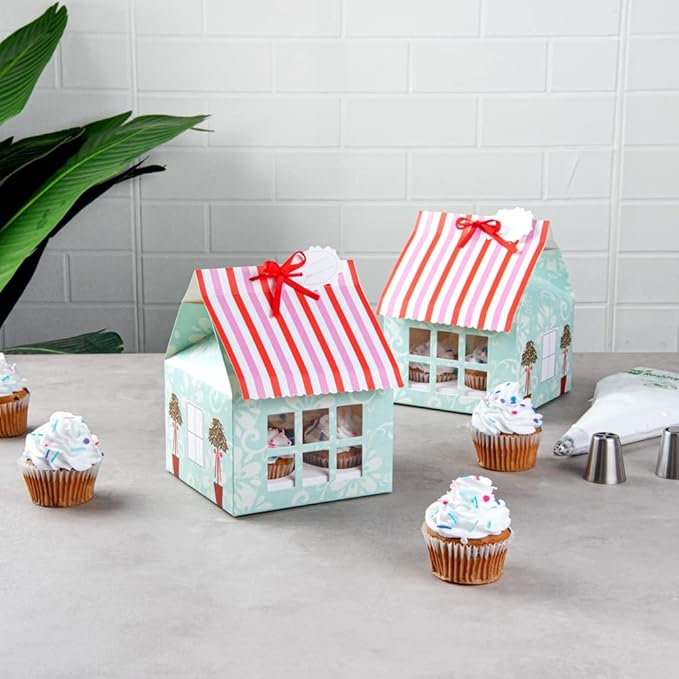 Restaurantware Pastry Tek 6 Inch x 7.8 Inch Cupcake Gift Boxes 100 Fits 4 Cupcake Favor Boxes - House Cupcake Inserts Pink And Blue Paper Treat Boxes With Window For Weddings Or Parties
