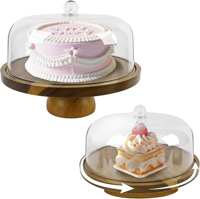 Set of 2 Acacia Wood Cake Stand with Acrylic Lid, 11.81'' Cake Plates and 9.84'' Rotating Cake Holder for Party, Wedding
