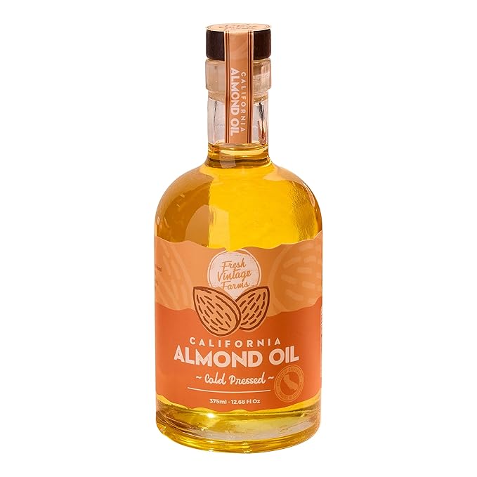 Fresh Vintage Farms 100% Cold Pressed Sweet Almond Oil | Nutrient-Rich Healthy Cooking Oil for Cooking, Baking, Grilling, Dipping, & Salads | Cold Pressed Almond Oil - 12.68 Fl oz, Pack of 1