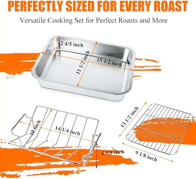 Roasting Pan Kit 15.5x11.5 Inch, Stainless Steel Turkey Roaster Baking Pan for Ovens-Heavy Duty Turkey Roaster V Rack & Cooling Rack, Deep Broiling Pan for Thanksgiving Christmas,Dishwasher Safe