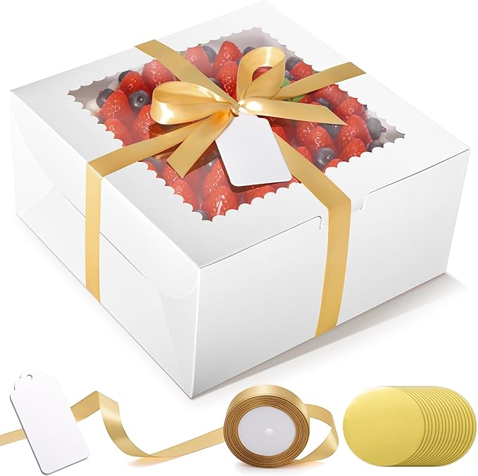 32Pcs 10 Inch Cake Boxes with Cake Boards (16Pcs White Cake Boxes, 16Pcs Cake Boards), 10x10x5 Inch Bakery Boxes with Window, Cake Carrier Container for Birthday Party, Wedding