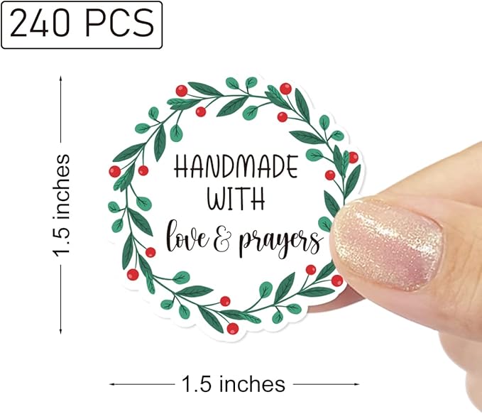 Wailozco 240 PCS Handmade with Love Prayers Stickers,Cute Small Business Envelopes Stickers for Business Packages/Handmade Goods/Bags ,Christmas Theme Small Shop Business Stickers for Envelopes Seals