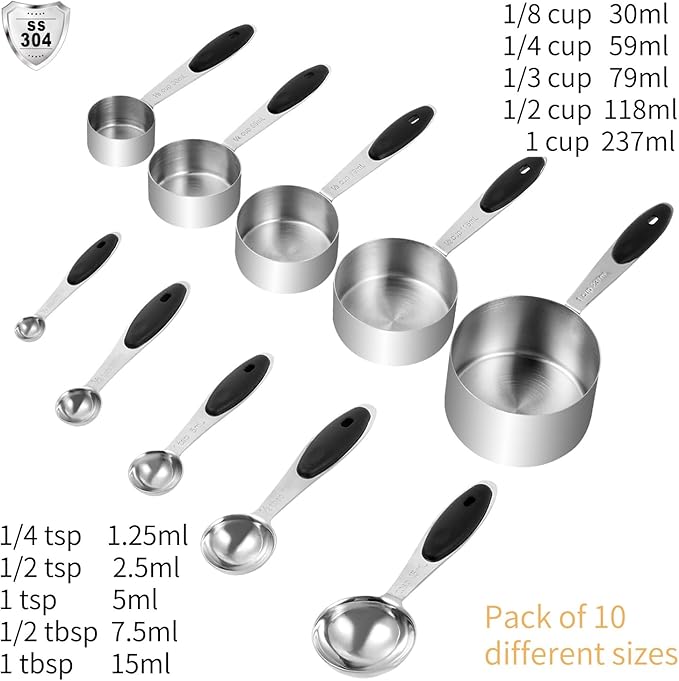 Stainless Steel Measuring Spoons & Cups Set, Includes 10 Sizes, from 1/4 tsp to 1 cup, Food Grade Stackable Tablespoons and Teaspoons Measuring Set for Cooking & Baking (Black)