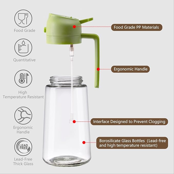16oz/470ml Oil Dispenser and Oil Sprayer, Glass Olive Oil Pourer for Kitchen, Air Fryer, Cooking, Salad, BBQ(Green)