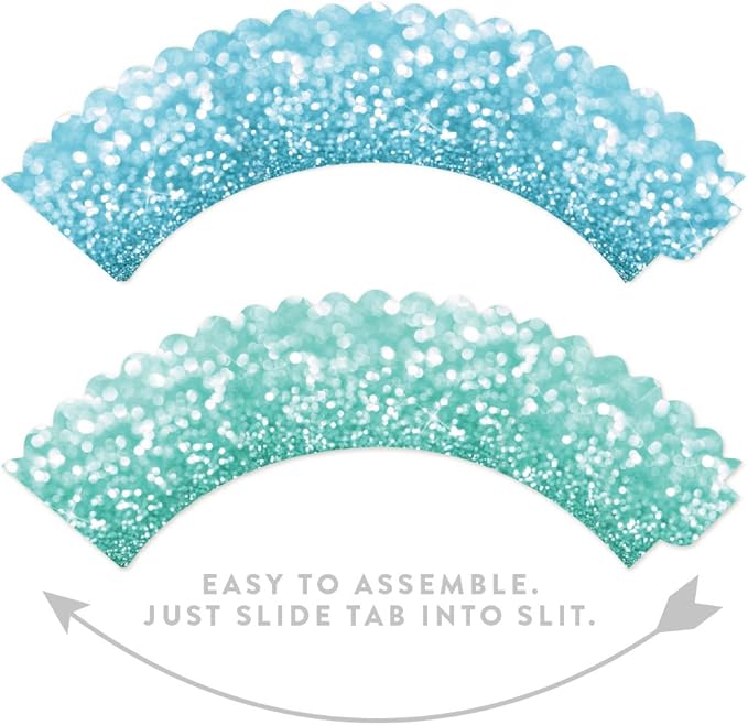 Andaz Press 24-Pack Faux Baby Blue and Aqua Glitter Cupcake Wrappers, Disposable, Cardstock, Ocean, Party, Social Gatherings and Celebrations