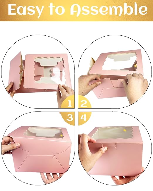 qiqee 10x10x5 Cake Box, 4 Sets Pink Cake Box with Window ＆ 4 Sets 10" Pink Cake Round Boards, 10inch Cake Containers