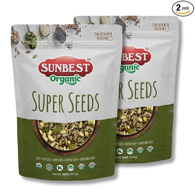 Sunbest Natural Organic Super Seeds Blend, 2-Pack (16 oz each) of Organic Seeds including Raw Pumpkin, Chia, Hemp, Sunflower & Flax – Perfect for Salad Toppings