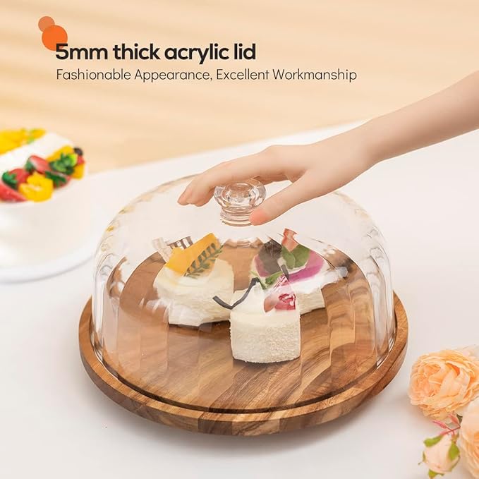 cutesun acacia wood cake stand with lid, 11.8'' Rotating Cake Stand with Dome, Shaterproof 10.4'' Acrylic Cake Display Cover, Cake Holder Tray for Wedding Gift，Kitchen,Birthday,Parties,Baking Gifts