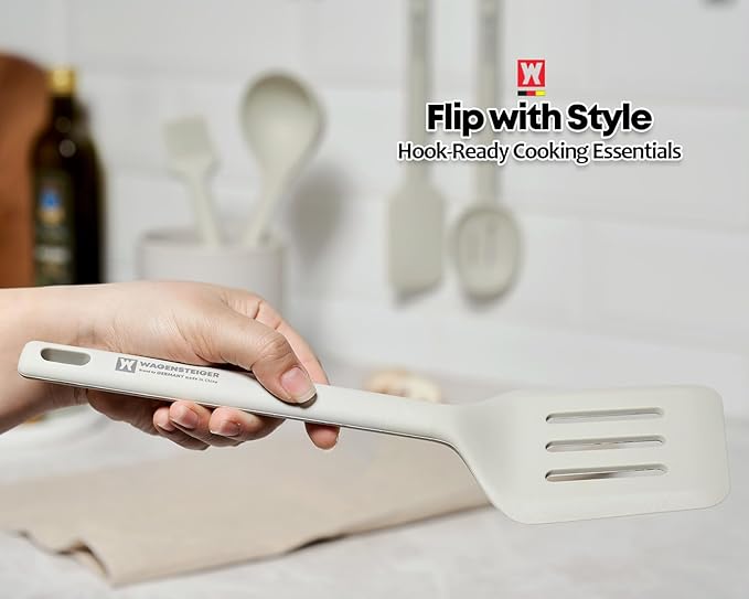 Light Gray Silicone Slotted Spatula: Cooking Turner with Heat Resistant, Non-stick Cookware Safe, Gentle Head Design, BPA Free (11.81inch x 3.15inch)