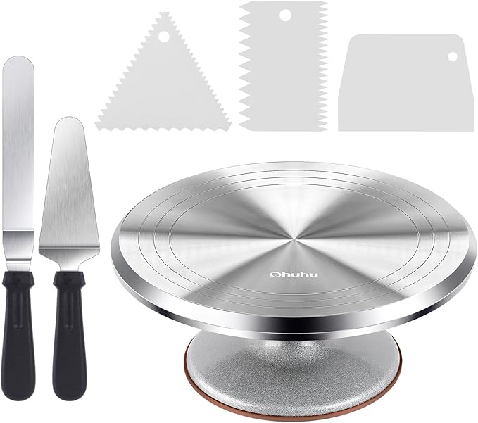 Cake Turntable, Ohuhu Aluminium 12'' Cake Decorating Kit Supplies Rotating Stand Revolving Spinner with 2 Icing Spatula 3 Comb Smoother Christmas Gifts