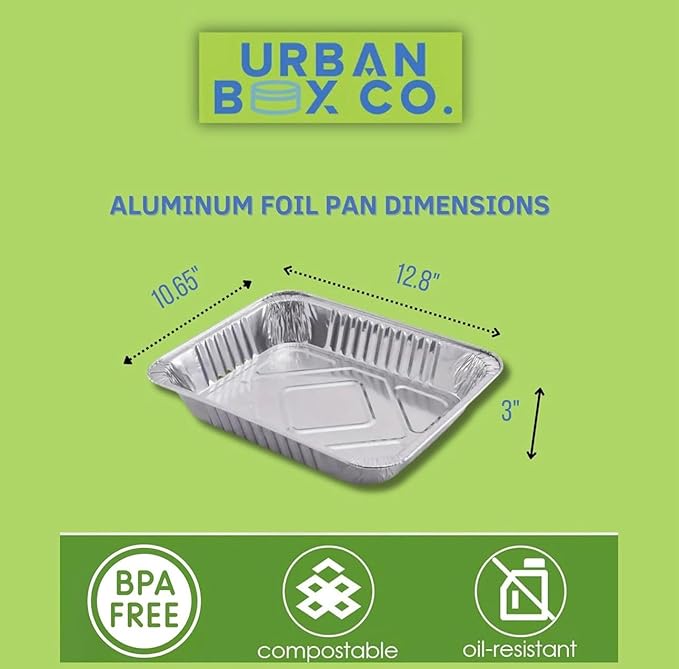 Urban Box Co. Half Size Deep Aluminum Pans 9x13 (40 pack): Extra Heavy Duty, Disposable Foil Pans for Bakeware, Roasting, Chafing, Steam Table Tray, Cake & Oven Pan (40, No Lid).