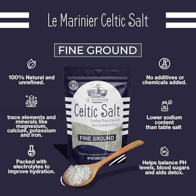 Le Marinier Celtic Salt Organic Fine Ground, 1.1lb - 18oz, Pack of 2. Mineral Rich Unrefined 100% Natural, Hand Harvested Mineral French Sea Salt (1.1lb Fine Ground - Pack of 2)