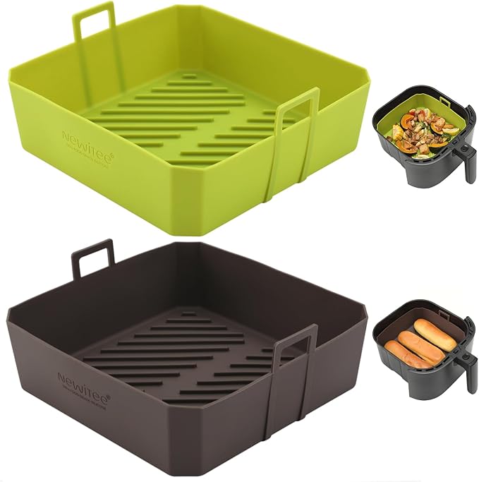 5QT Air Fryer Silicone Liners for Ninja AF141/AF142/AF181/AF182 & COSORI CAF-L501, 2 Pack BPA Free Platinum Silicone Basket, Square Reusable Air Fryer Liners with Handle, Upgrade