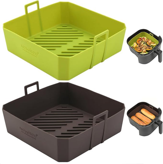 5QT Air Fryer Silicone Liners for Ninja AF141/AF142/AF181/AF182 & COSORI CAF-L501, 2 Pack BPA Free Platinum Silicone Basket, Square Reusable Air Fryer Liners with Handle, Upgrade