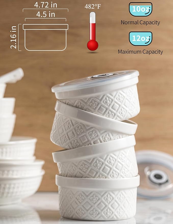Ramekins 12 oz, Ramekin for Creme Brulee, Souffle, Dipping Sauce, Ceramic Embossment Housewarming Gift - 4.5 inch, Set of 4, Arctic White
