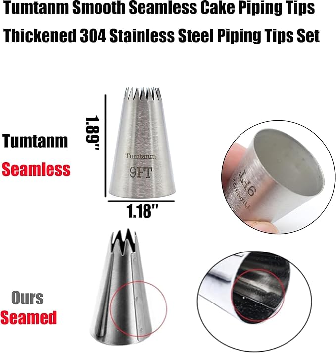 Piping Tips, 9FT 3Pcs Large Icing Piping Tips Stainless Steel Seamless Set for Cupcakes Cake Decoration and Baker