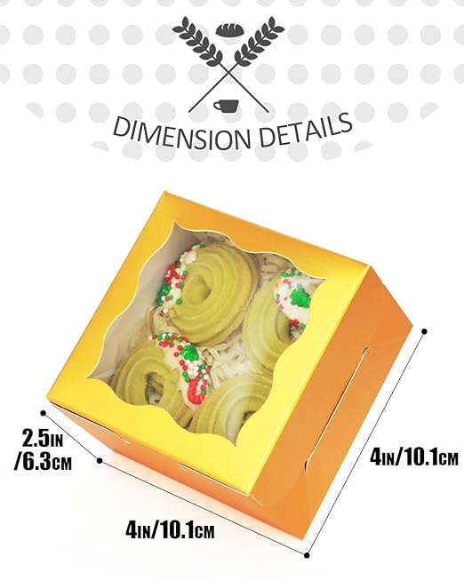qiqee Gold Bakery Box with Window 4x4x2.5 inch 30Packs Macaron Boxes Small Donut Pastry Boxes for Party Mini Cookie Boxes
