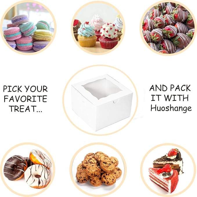 Cookie Boxes with Window 4.5x4.5x3 Inch-50 Pack,White Bakery Boxes,Mini Treat Boxes for Mini Bundt Cake and Individual Cheesecakes