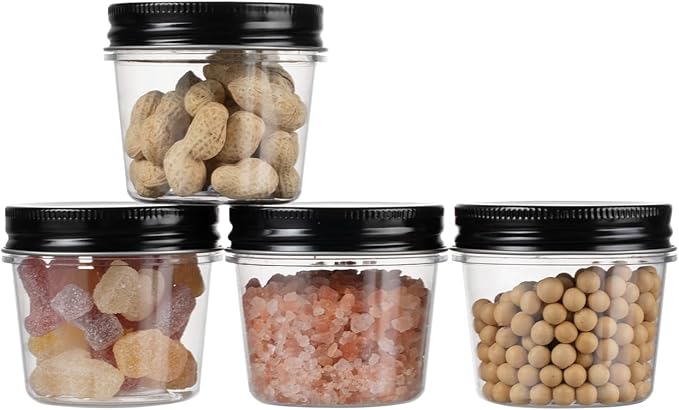 novelinks Plastic Jars With Lids 60Pcs 4 oz Mason Jars Plastic Mason Jars 4 oz Food Storage for Milkshakes Juice Nuts Cupcakes (Black, 60 Pack 4 Ounce)