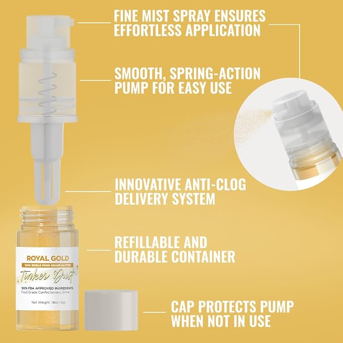 Bakell - Royal Gold Tinker Dust (4g, 1x Mini Spray Pump) Edible Glitter for Food, Desserts, and Beverages!