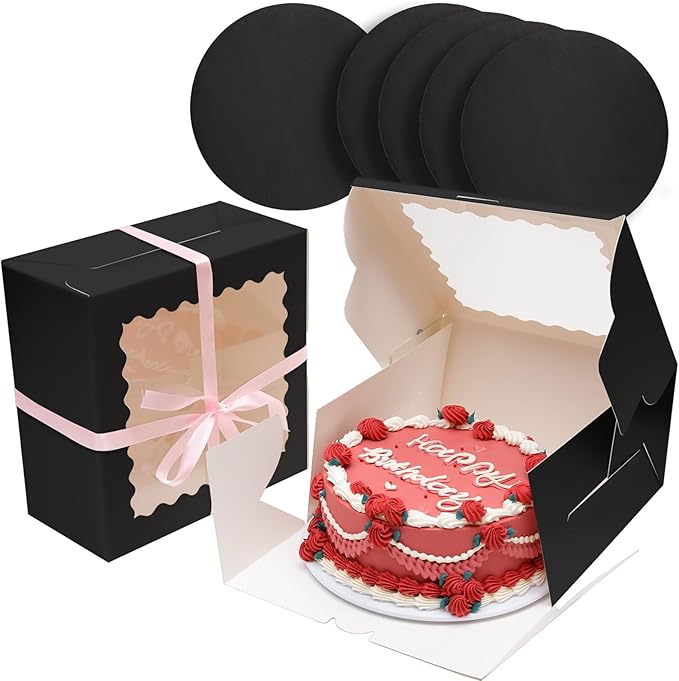 Bakepacker 36pcs 10x10x5 Inches Black Cake Boxes with Window 18-Packs, 10 Inch Bakery Boxes (18 Cake Boxes +18 Cake Boards Included)
