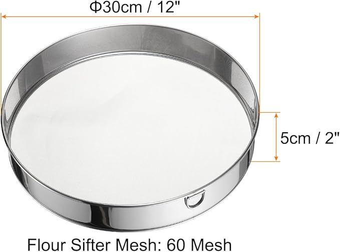 uxcell 304 Stainless Steel Flour Sifter, 12Inch 60 Mesh Round Sifter Flour Sieve Mini Fine Mesh for Baking Cake Bread, Silver
