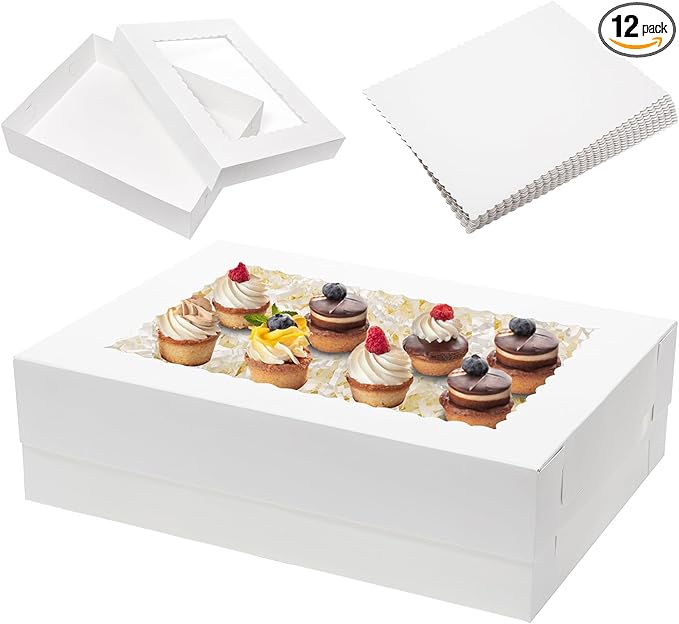 6pcs 19x14x5 Half Sheet Cake Boxes with 6pcs Cake Boards Rectangle 1/2 Sheet Bakery Boxes with Window for Pastry Baking Cake, Cupcakes, Donuts, Cookies, Pie Treat Packaging White Large
