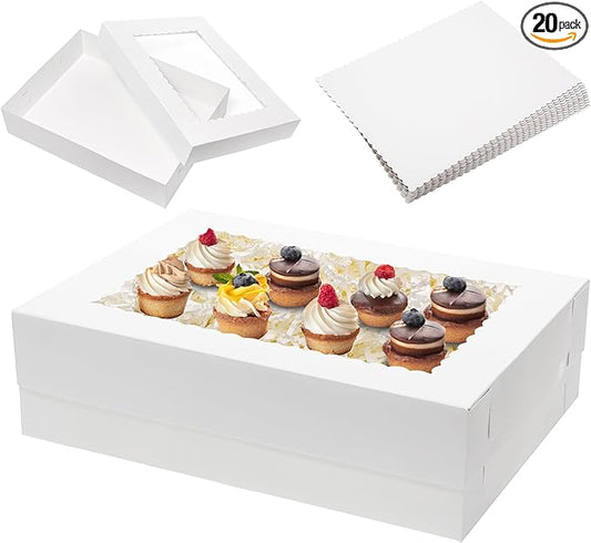 10pcs 19x14x5 Half Sheet Cake Boxes with 10pcs Cake Boards Rectangle 1/2 Sheet Bakery Boxes with Window for Pastry Baking Cake, Cupcakes, Donuts, Cookies, Pie Treat Packaging White Large
