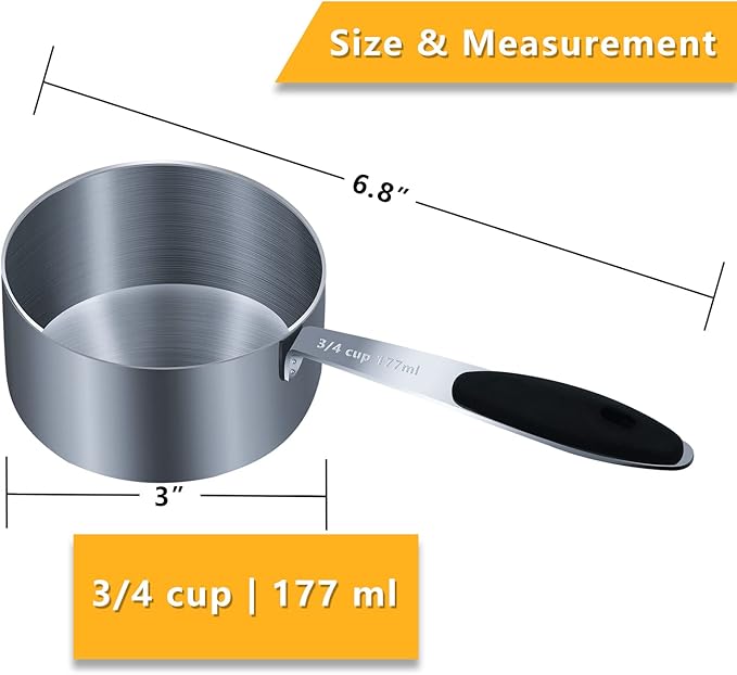 2PCS 3/4Cup (177ml, 6oz) Single Measuring Cup with Black Silicone Grip, Stainless Steel Individual Measure Scoop Only