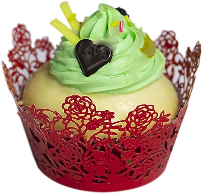 YOZATIA 60pcs Red Rose Lace Cupcake Wrappers Holders, Laser Cut Cupcake Liners Decorative Liners for Wedding Party Birthday Cake Decoration Supplies (Red)