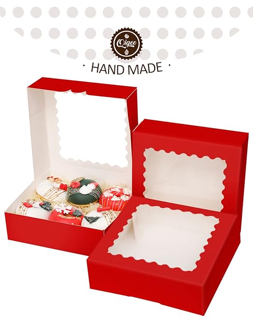 qiqee Red Pastry Box With Window 8x8x2.5 inch Donut Pie Boxes 30pcs Bakery Box Auto-pop up