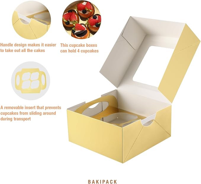 25 Gold Cupcake Boxes, 4 Count Cupcake Containers with Window and Inserts, 6.3×6.3×3 Inches Cupcake Holders for Cupcakes, Muffins, Cookies, Desserts, Pastries