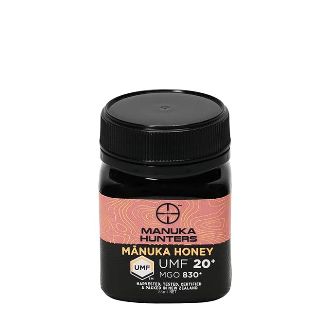 Manuka Hunters UMF 20+/MGO 830+ Certified New Zealand Manuka Honey - 100% Pure Natural Sweetener - Gluten, Dairy Free - Ideal for Tea, Coffee, Smoothies, and Baking - Sustainable - 4.4oz=85ml Jar