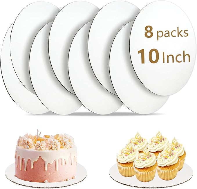 8 Pcs Cake Boards 10 inch Round, Food-Grade White Cake Board Rounds, Sturdy Cardboard Cake Circles Base Cakeboard, Waterproof and Oil-proof Cake Plate for Cake DIY, Dessert, and Crafts Display