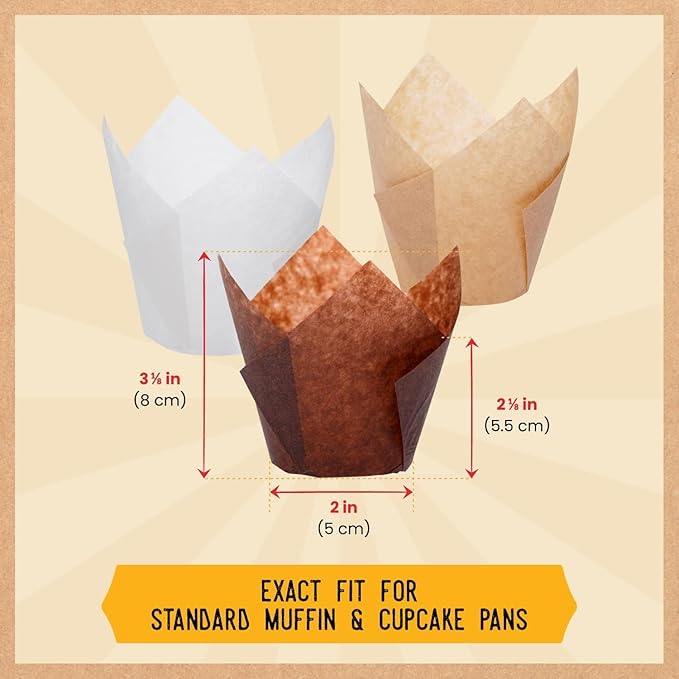 Tulip Cupcake Liners, Muffin Liners for Baking by Baker’s Signature 200pcs of Parchment Paper Cups Cupcake Wrappers – Perfect Size, Sturdy, Greaseproof & Easy to Use – Beige White Brown
